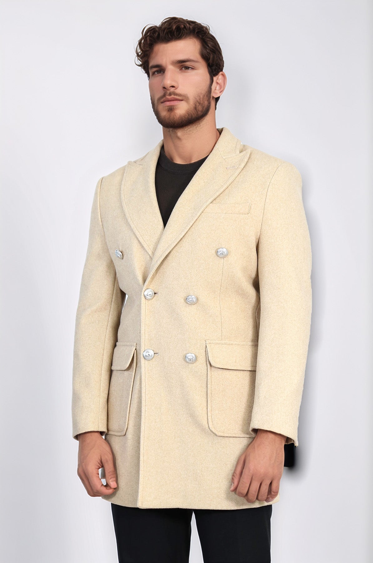 Metal Buttons Wool Cashmere Beige Men Double Breasted Coat - Wessi