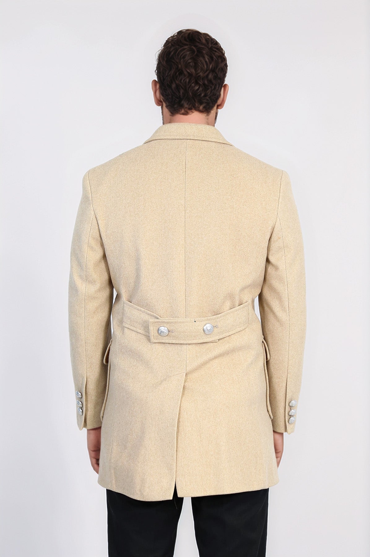 Metal Buttons Wool Cashmere Beige Men Double Breasted Coat - Wessi