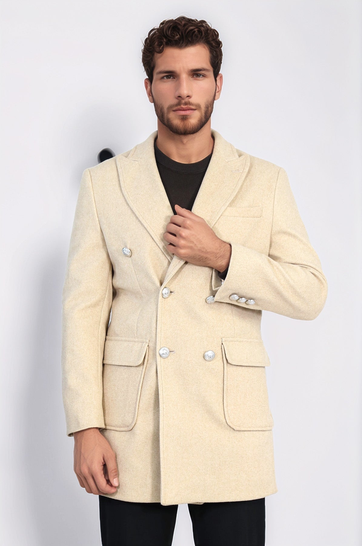 Metal Buttons Wool Cashmere Beige Men Double Breasted Coat - Wessi