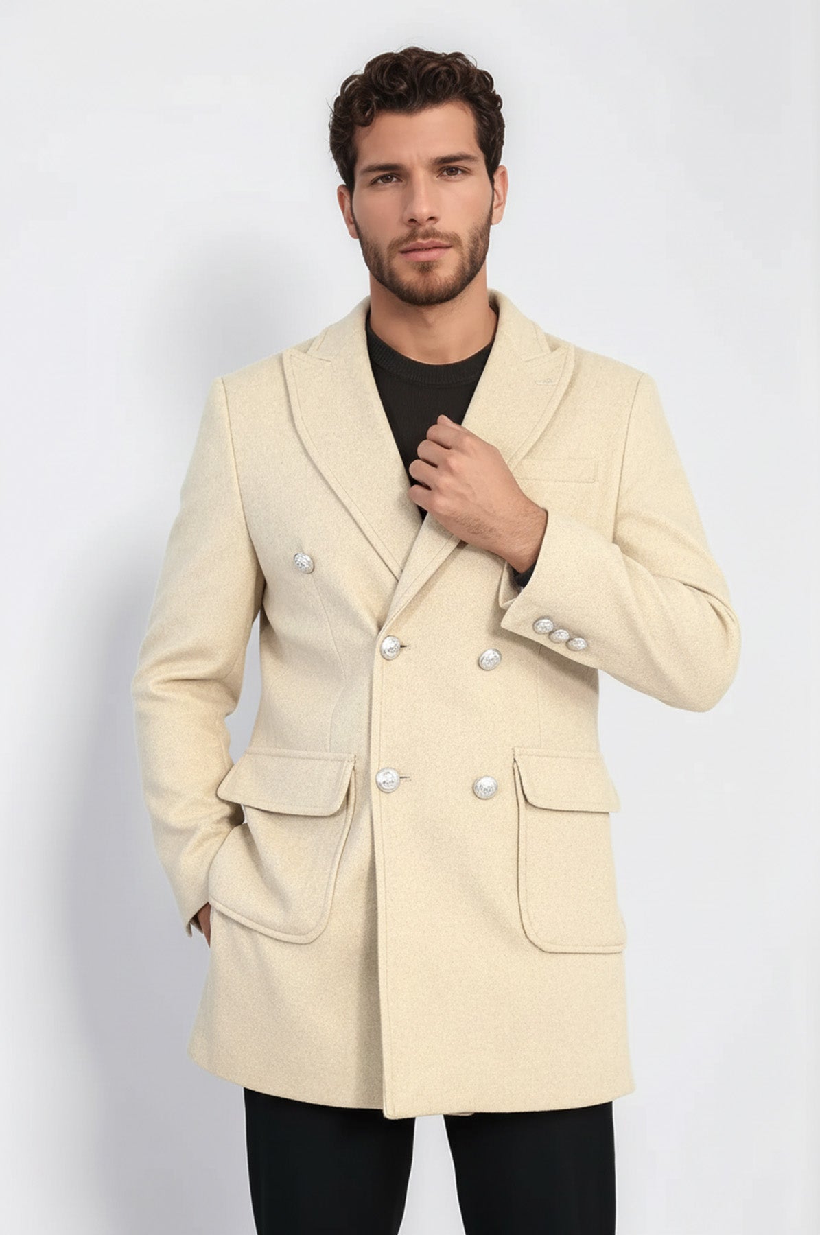 Metal Buttons Wool Cashmere Beige Men Double Breasted Coat - Wessi
