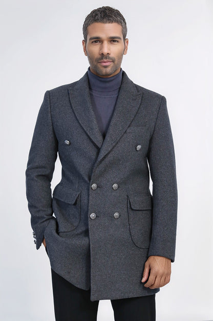 Dark Grey Metal Buttoned Double Breasted Long Coat - Wessi