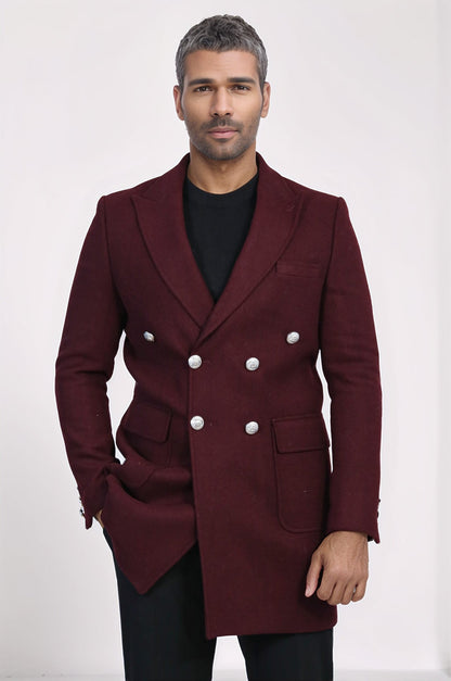 Metal Buttoned Double Breasted Burgundy Men Long Coat - Wessi