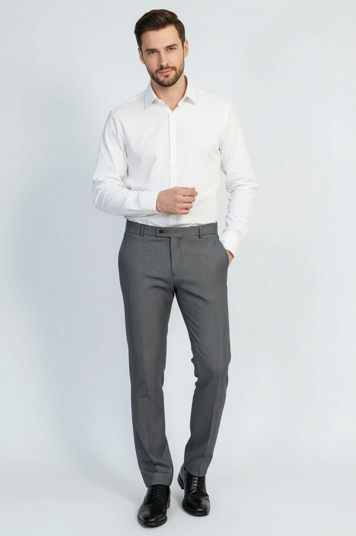 Black &amp; Grey Micro-Patterned Fabric Trousers – Wessi