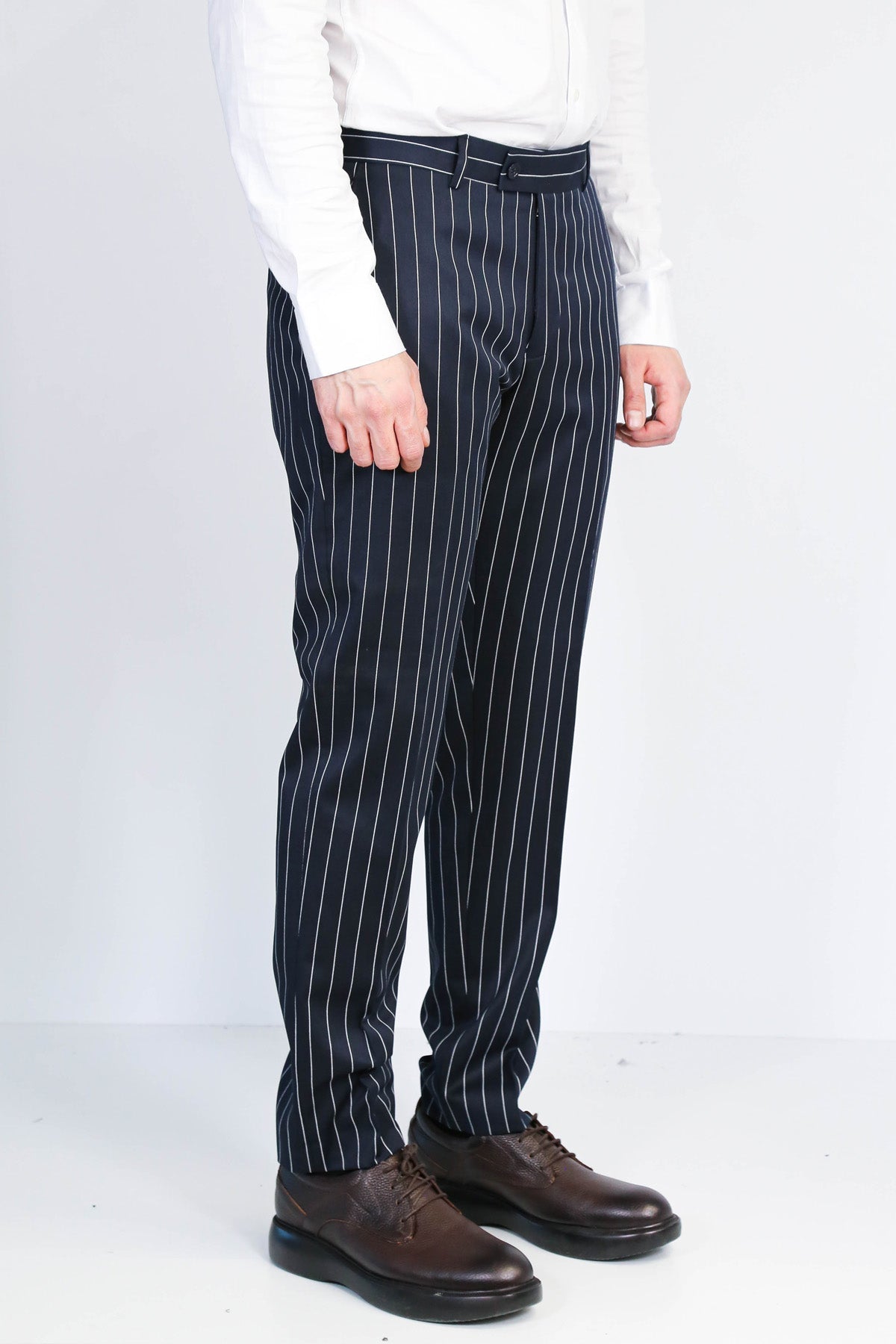 Navy White Pinstripe Slim Fit Dress Trousers – Wessi