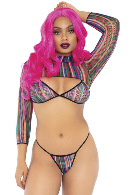 Colorful Fishnet Bikini and Crop Top Set