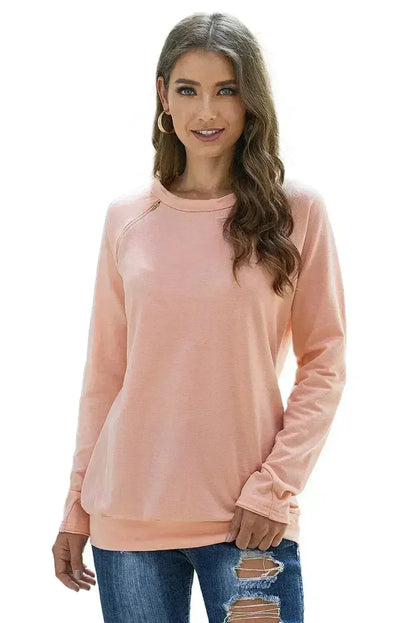 Women Gold Zip Detail Pink Pullover Sweatshirt