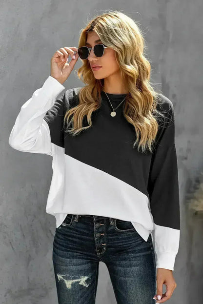 Black White Patchwork Dropped Shoulder Sleeve Sweatshirt