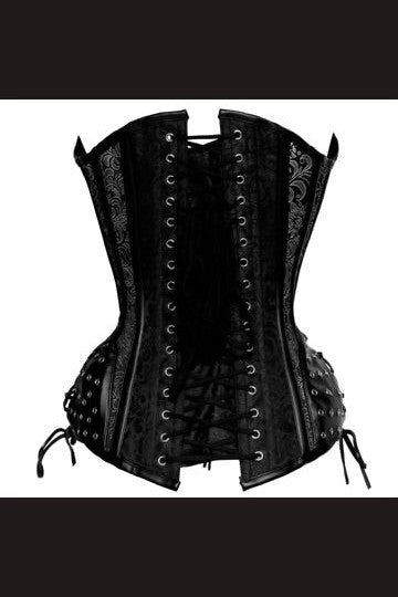 Ladies Black Vegan Leather Goth Tapestry Front Zip w/ Buckles Wire Metal Corset