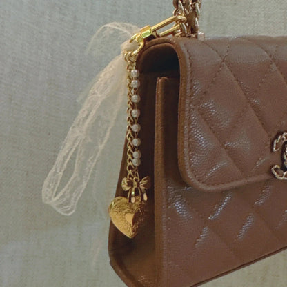 Lace &amp; Love Heart Bag Charm  – White Bow with Gold Heart | Romantic