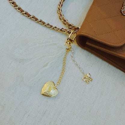 Lace &amp; Love Heart Bag Charm  – White Bow with Gold Heart | Romantic