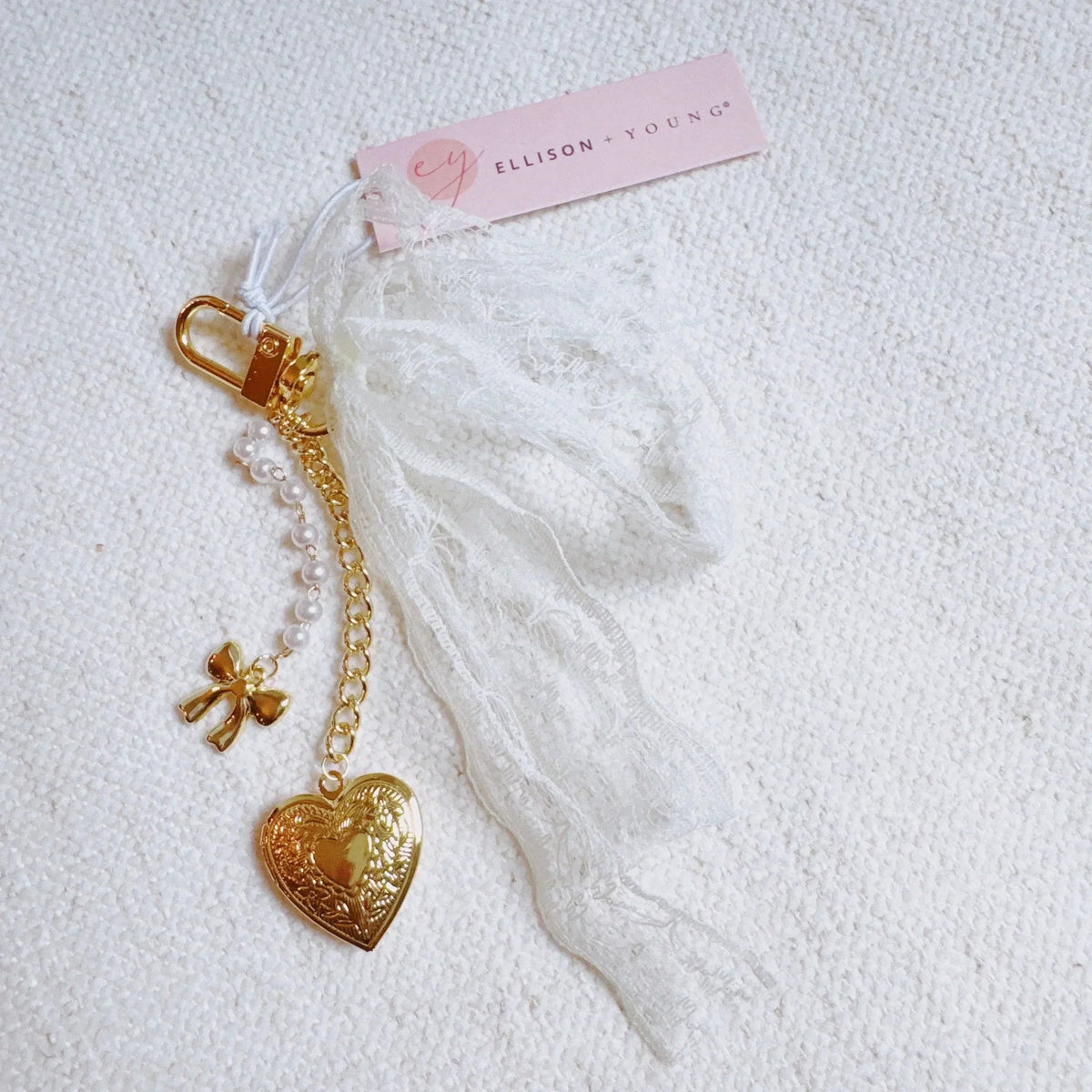 Lace &amp; Love Heart Bag Charm  – White Bow with Gold Heart | Romantic