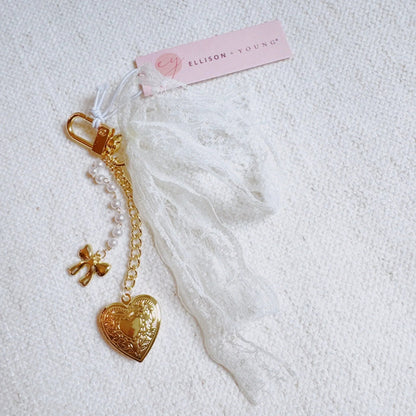 Lace &amp; Love Heart Bag Charm  – White Bow with Gold Heart | Romantic