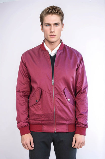 Flap Pockets Zippered Burgundy Men Bomber Coat - Wessi