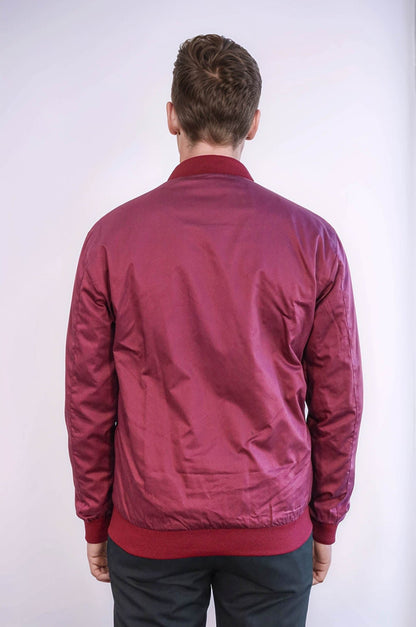 Flap Pockets Zippered Burgundy Men Bomber Coat - Wessi