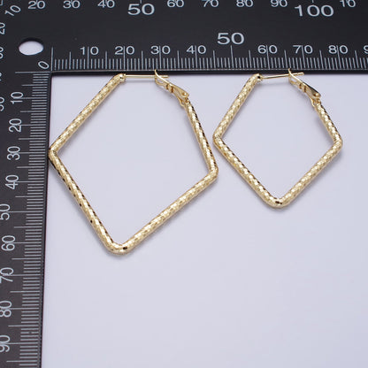 14K Gold Filled Multifaceted Textured 45mm, 60mm Rhombus Hinge Hoop Earrings | AE063 AE064