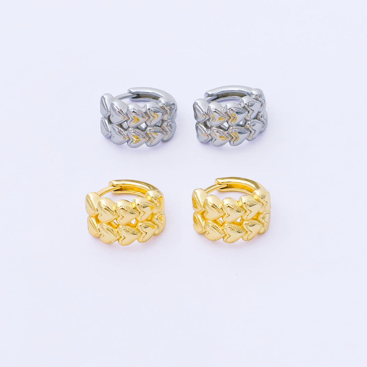 24K Gold Filled 12mm Double Row Heart Huggie Earrings in Gold &amp; Silver | AB1611 AB1612