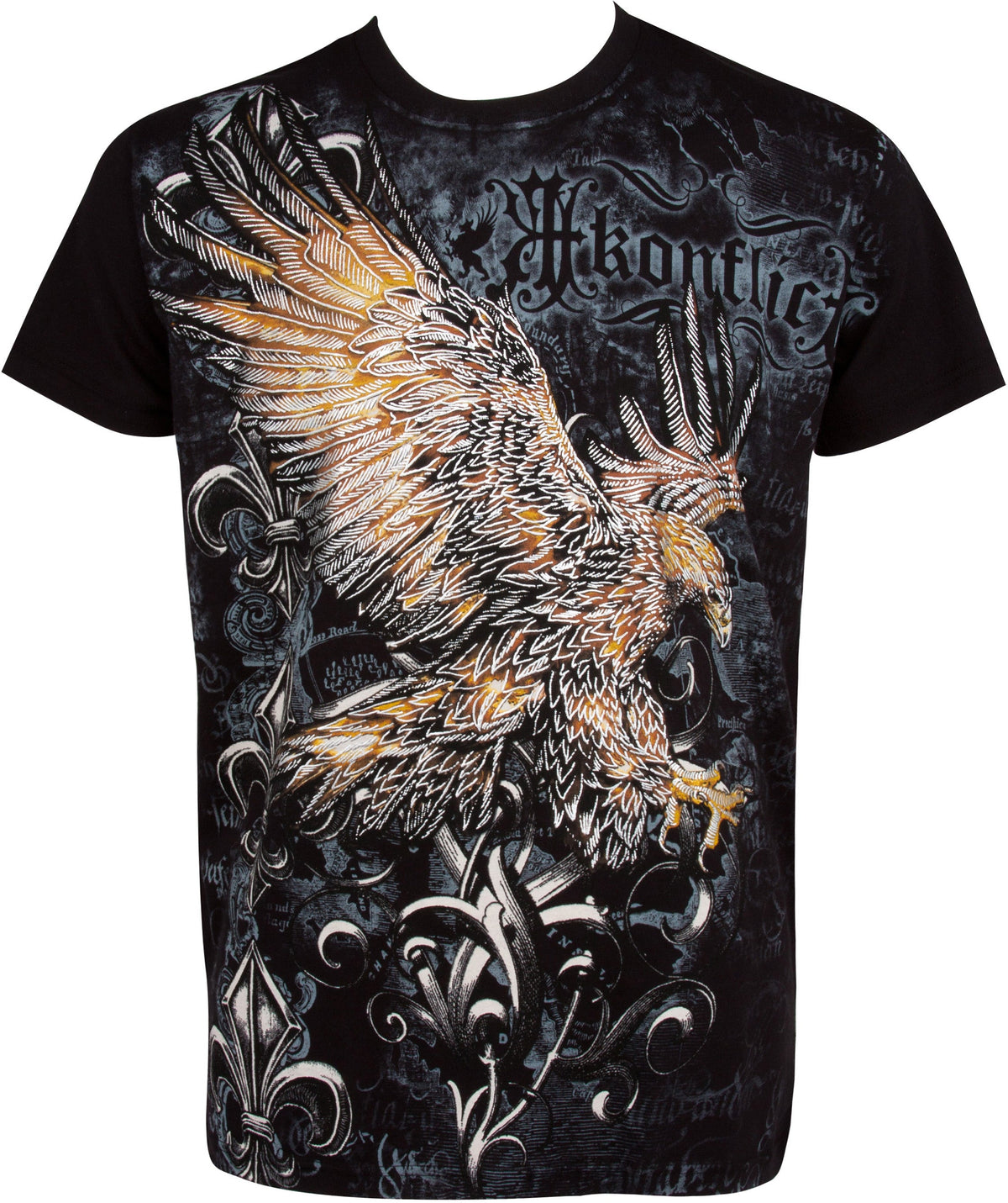 Sakkas Clutching Eagle &amp; Fleur De Lis Metallic Silver Embossed Cotton T-Shirt