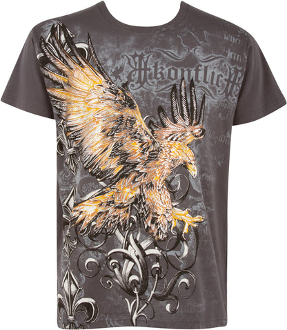 Sakkas Clutching Eagle &amp; Fleur De Lis Metallic Silver Embossed Cotton T-Shirt