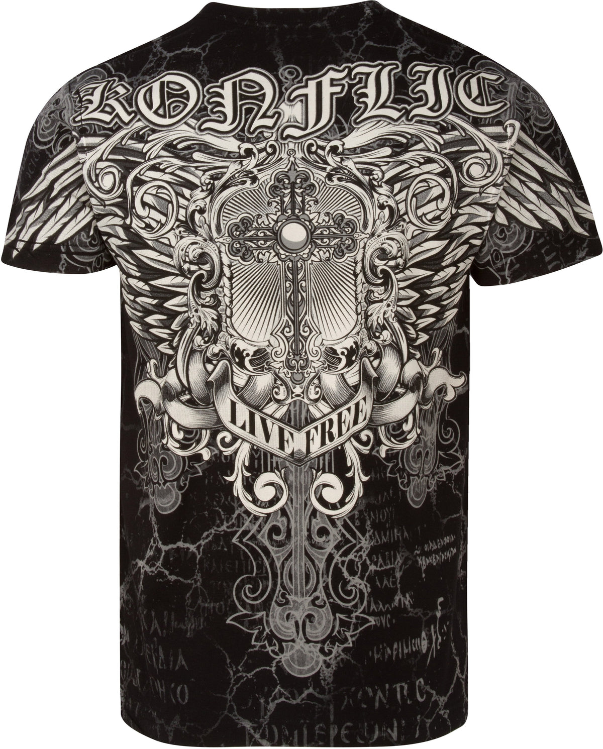 Sakkas Mads Mens Gold Cross &amp; Wings Metallic Embossed T-Shirt Short Sleeve Cotton