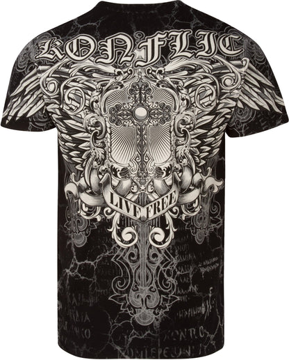 Sakkas Mads Mens Gold Cross &amp; Wings Metallic Embossed T-Shirt Short Sleeve Cotton