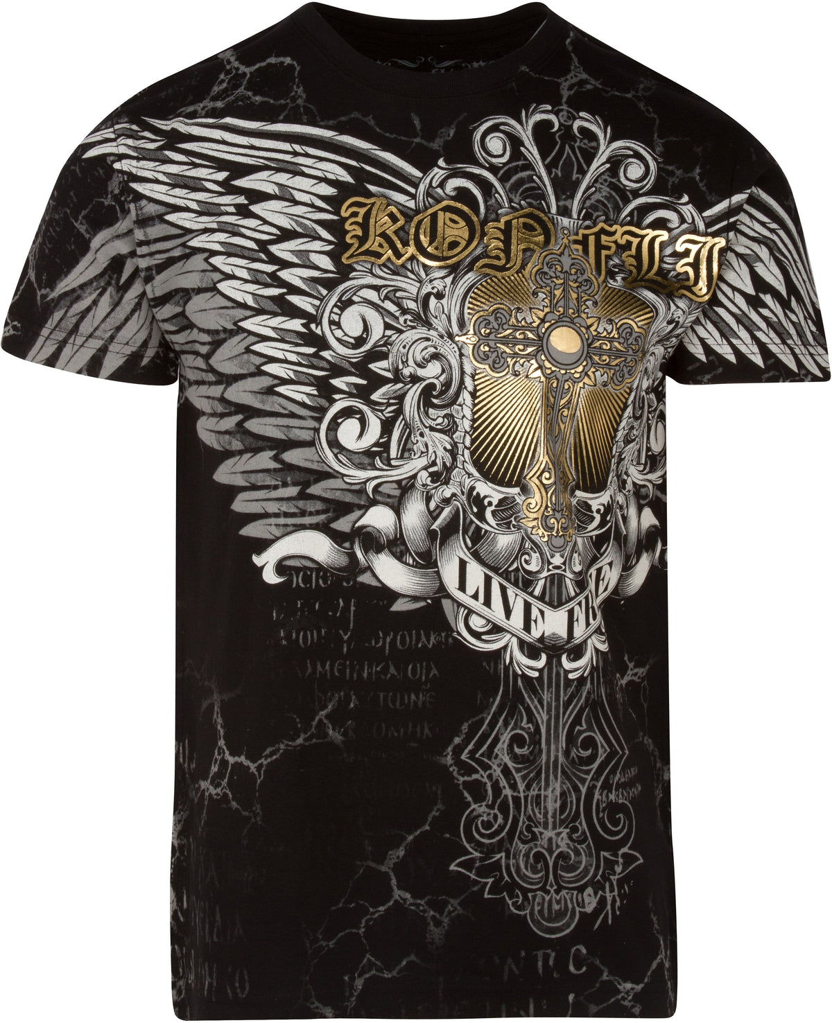 Sakkas Mads Mens Gold Cross &amp; Wings Metallic Embossed T-Shirt Short Sleeve Cotton