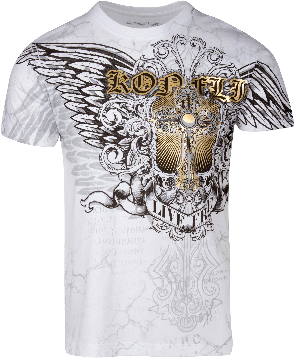 Sakkas Mads Mens Gold Cross &amp; Wings Metallic Embossed T-Shirt Short Sleeve Cotton