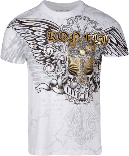 Sakkas Mads Mens Gold Cross &amp; Wings Metallic Embossed T-Shirt Short Sleeve Cotton