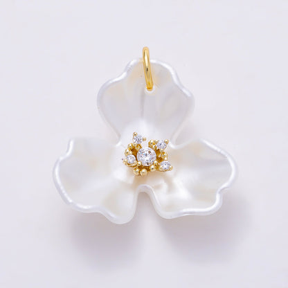 24K Gold Filled 22mm Round CZ White Orchid Bloom Flower Charm | N151