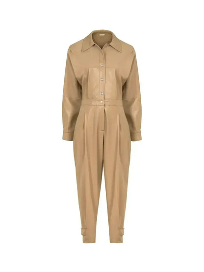 Lapel Collar Faux Leather Jumpsuit