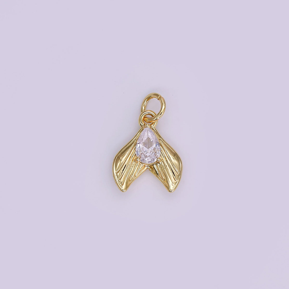 24K Gold Filled 13.5mm Clear CZ Teardrop Lined Fish Tail Charm in Gold &amp; Silver | N858