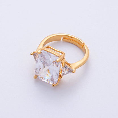18K Gold Filled Pink, Clear CZ Baguette Triangle Solitaire Adjustable Ring | O805