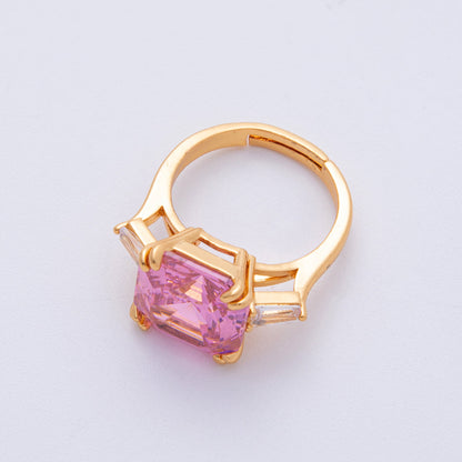 18K Gold Filled Pink, Clear CZ Baguette Square Solitaire Adjustable Ring | O811