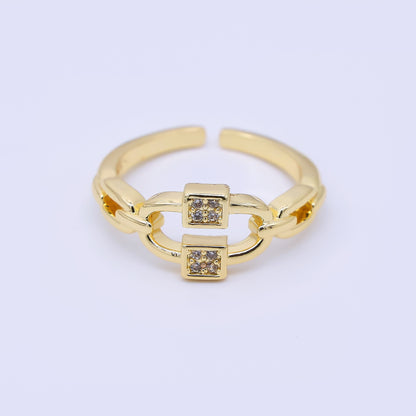 24K Gold Filled Micro Paved CZ Cable Anchor Chain Link Adjustable Ring | O1183