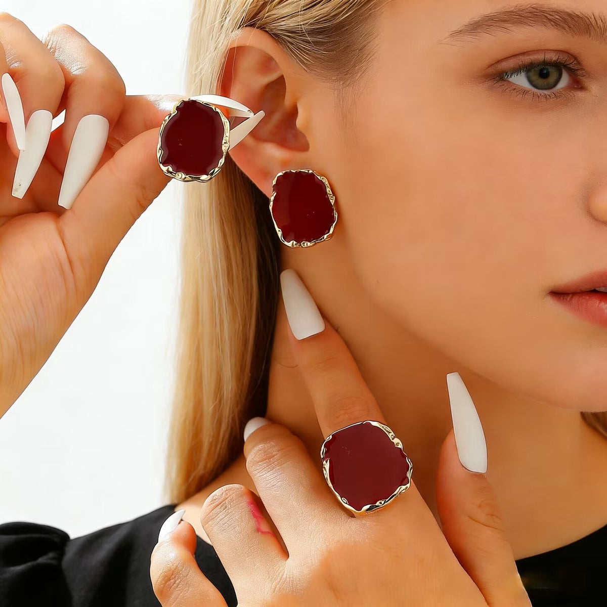Vintage Irregular Square Red Black Glazed Ring &amp; Earrings Set Women Jewelry