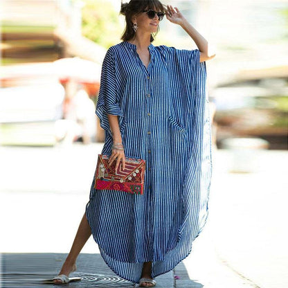 Black &amp; Brown Striped Beach Robe ¨C Sexy Single-Breasted Bikini Cover-Up, Vacation Kimono