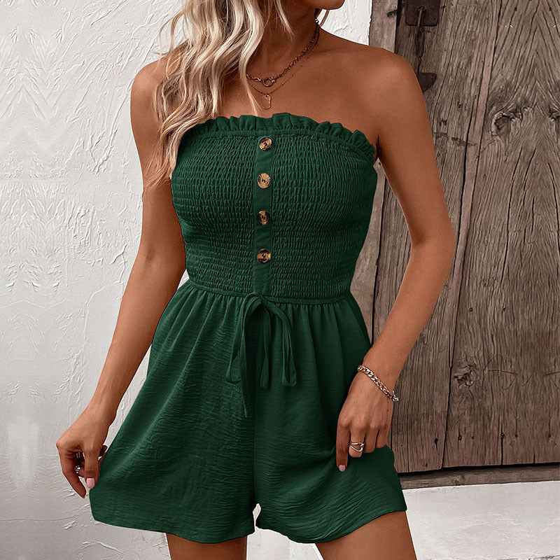 Summer Casual Vacation Solid Color Jumpsuit Design Sense Elastic Tube Top Jumpsuit Shorts Belted Wide Leg Jumpsuit With Button