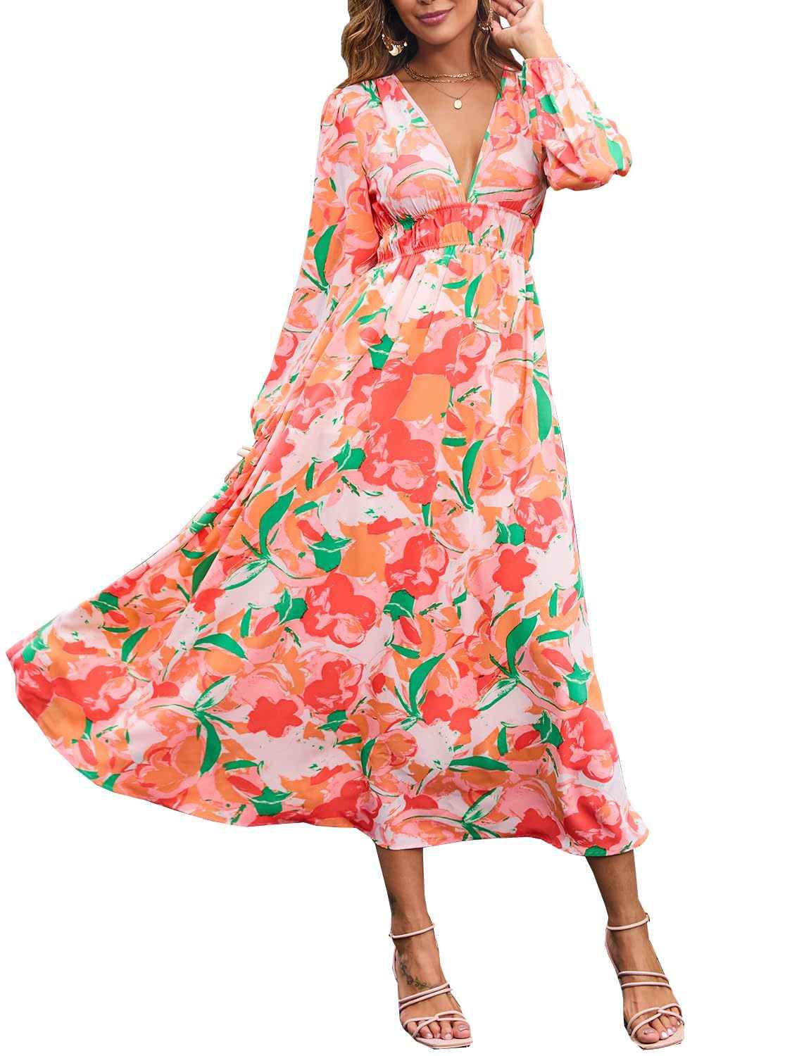 Bohemian female Long Lantern Sleeves Dress-Boho deep V printing high waist casual dress for women