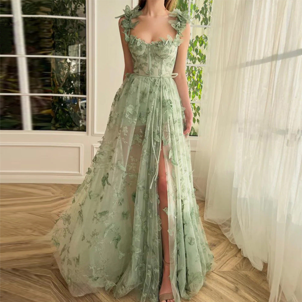 Spaghetti Strap Flower Fairy High-End Gown Banquet Party Elegant Evening Dress