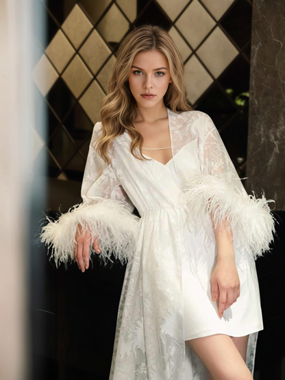 Luxury White Feather Trim Lace Long Robe Dress Set | Bridal Getting Ready &amp; Photoshoot Gown