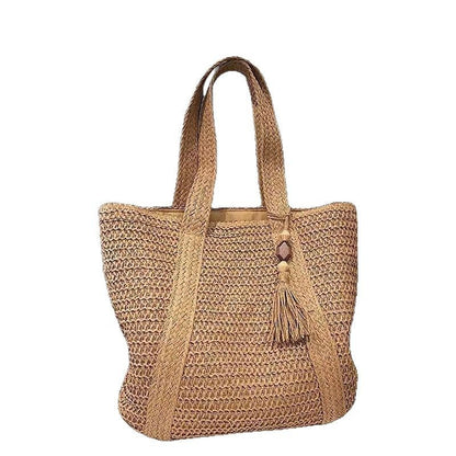 Wooden Bead Tassel Handwoven Bag – Large Straw Tote, Vacation Beach Shoulder &amp; Hand Purse