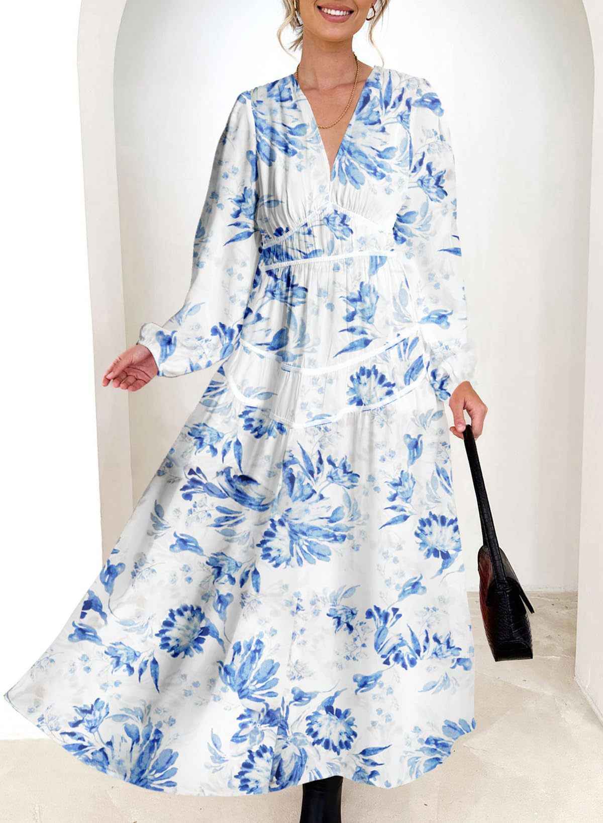 Bohemian female Long Lantern Sleeves Dress-Boho deep V printing high waist casual dress for women