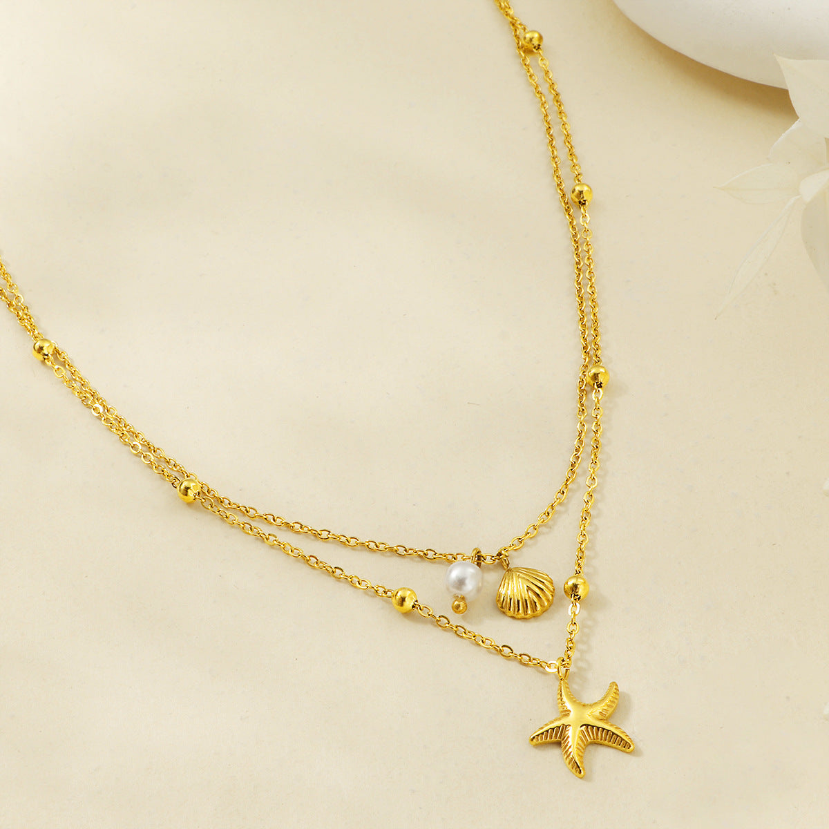 starfish necklace pearl double-layered necklace