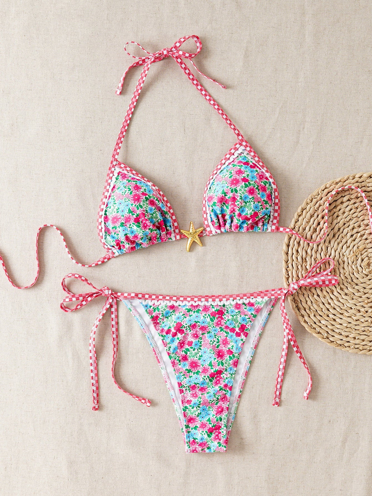 Contrasting Print Strap Sexy Bikini Split Swimsuit Batwing Short Sleeve Shirt W Plants Print