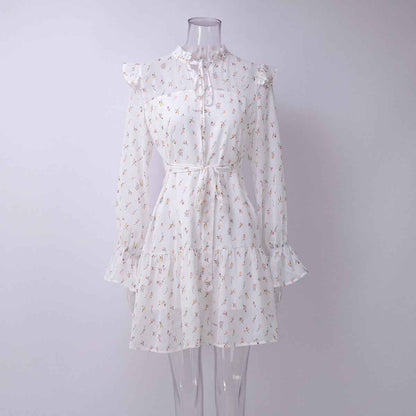 Chiffon floral dress neckline ruffle strap splicing horn skirt Pleated Mini Dress Lace Up Ruffle