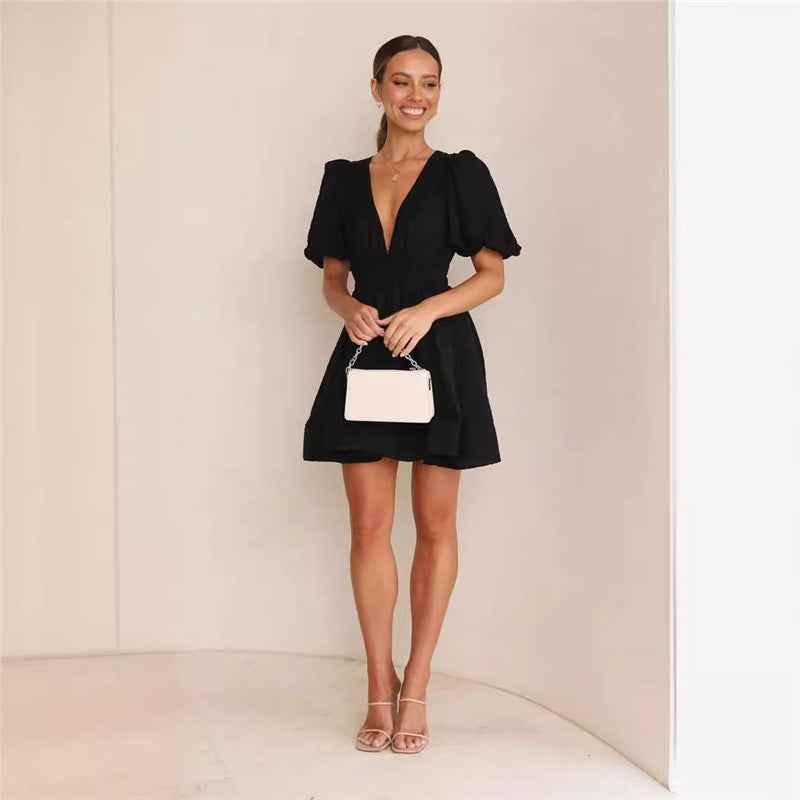 Deep v Waist Skinny Pleated Bubble Sleeve Dress Lantern Sleeve Bridesmaid