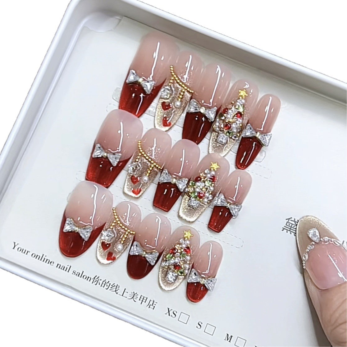 Handmade Nail Red Christmas Hand Painted Love Zircon Diamond Cat&