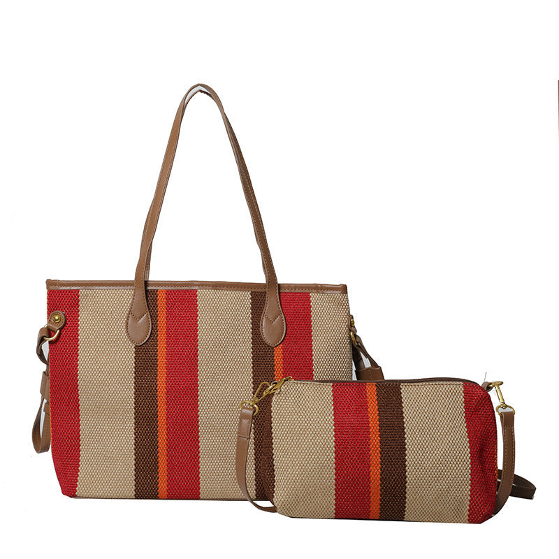 Canvas Striped Letter Print Tote – Large Shoulder &amp; Crossbody Bag, Trendy Versatile Shopper