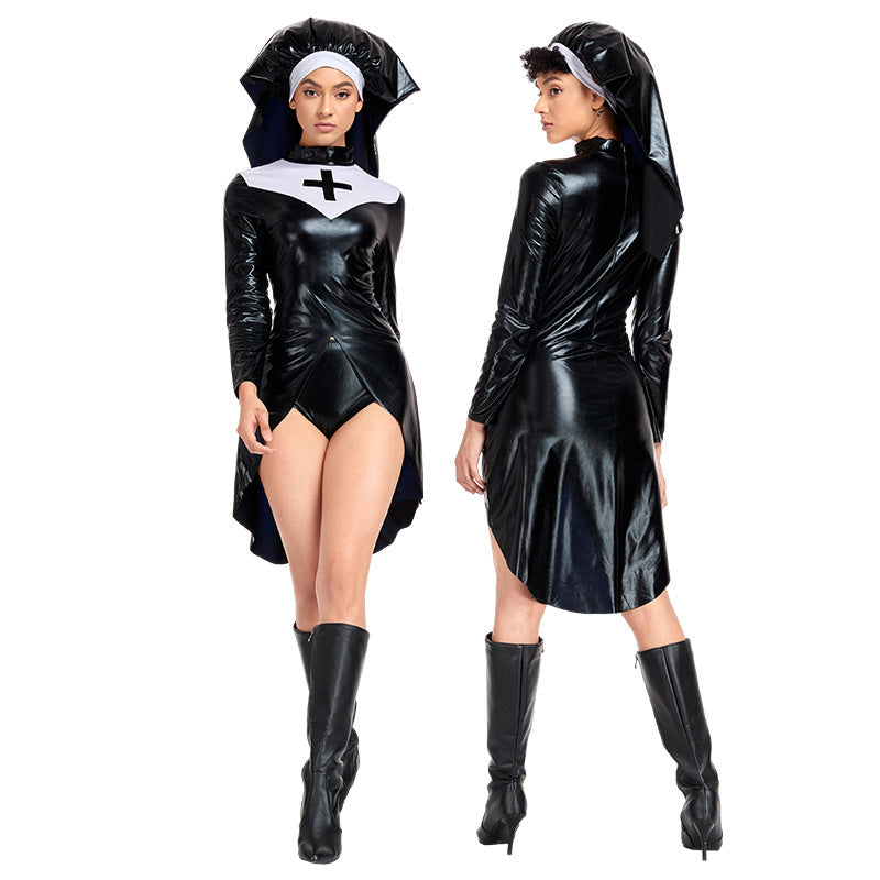 Halloween PU leather nun costume