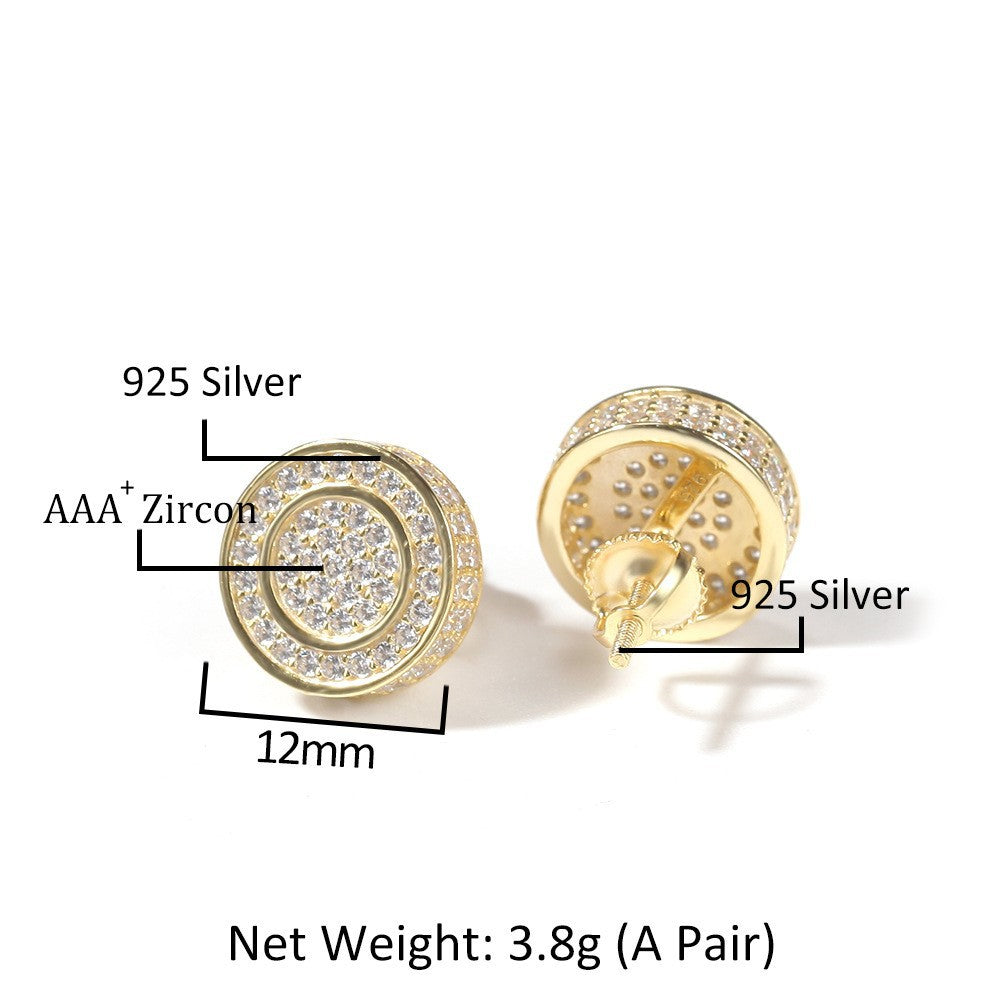 Hip Hop diamond-encrusted 925 silver stud earrings