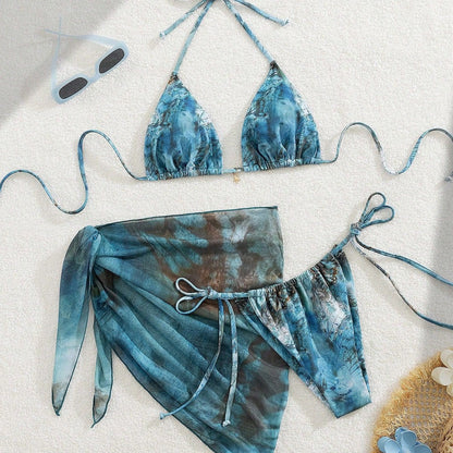 Apron Three Piece Bikini Vintage Print Tie Swimsuit Women&